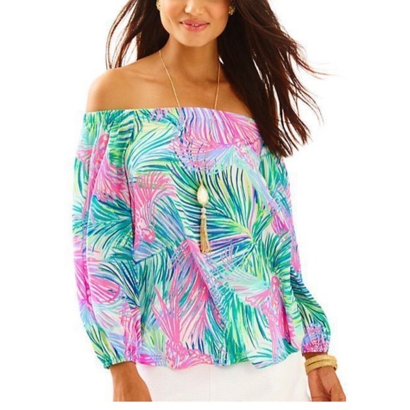 Lilly Pulitzer Adira in Multi Scarlet Off Shoulder Silk Top Blouse Size XXS - Picture 1 of 11